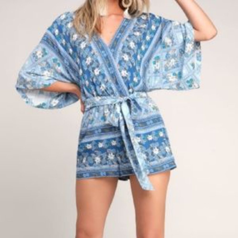 Lulus Dominica Blue Floral Print Surplice Romper S